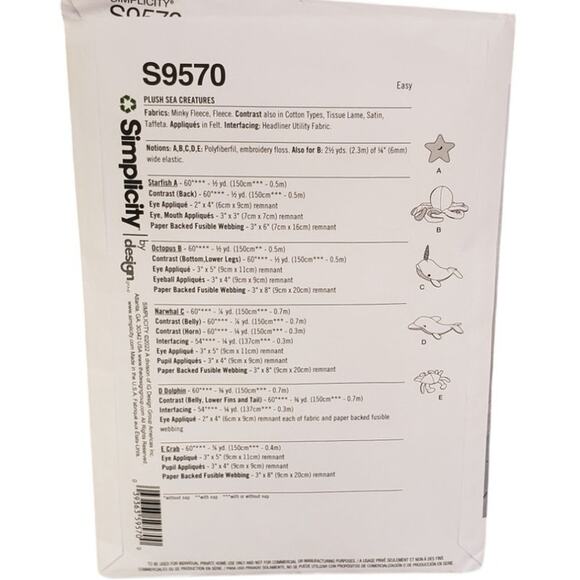 Stuffed Plushies Sewing Pattern Octopus Starfish Dolphin Crab Simplicity 9570 - Picture 4 of 6